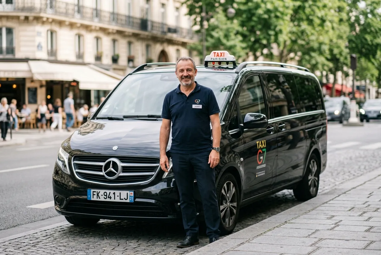 Chauffeur de taxi en tenue devant son véhicule, prêt pour un transfert d'affaires